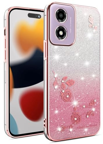 ILING Ragazza Cover per Motorola Moto E14/Moto G24/G24 Power/Moto G04/G04S, Colorato Custodia con Elegante Pattern di Rose, Brillantini Strass, Ultrasottile Morbido Silicone TPU Antiurto Case, Rosa