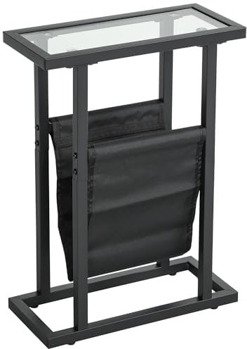 HOMCOM Table d'appoint étroite, Bout de canapé en métal avec Porte-revues et Plateau en Verre trempé, pour Salon, Chambre à Coucher, 40 x 18 x 55,5 cm, Noir