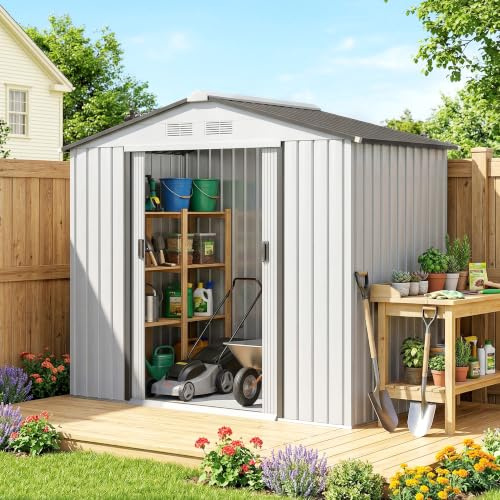 Outsunny Gartenhaus, 2,5 m², mit Verstärkungsbasis ohne Boden, 213 x 130 x 185 cm, Gartenhaus für den Außenbereich, mit 2 Schiebetüren und 4 Fenstern zur Aufbewahrung von Werkzeugen, Weiß