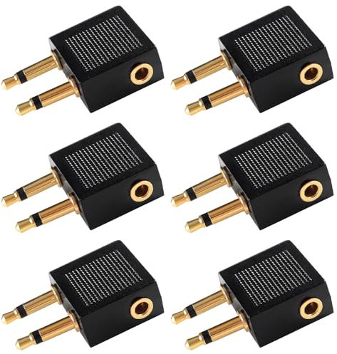 KUOQIY 6 Pièces Avion Adaptateur pour Prise Jack 3.5mm, Adaptateurs pour Casque de Ligne d'avion, Adaptateurs pour Écouteurs d'avion, Plaqué Or