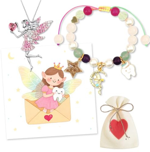 Zahnfee Geschenke Mädchen Armband Zahnfee Karte Elfen-Halskette für Mädchen | Perlenarmband Milchzahn Überraschung Geschenke Bunt Armbänder zum Einschlung Mutmacher Geburtstag Taufe Weihnachten
