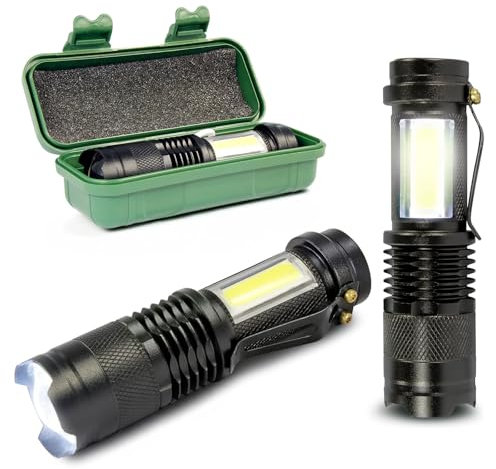 Eaxus Mini LED-Taschenlampe Glow-Max, mit 2 Lichtquellen, XPE mit Zoom und COB-Seitenlicht, 3 Lichtmodi, wiederaufladbarer Akku, USB-Arbeitsleuchte, schwarz