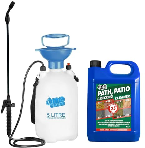 One Chem - Heavy Duty Patio Cleaner - 5L + 5L Garden Sprayer - Path Cleaner Concentrate - Mould Remover, Lichen Remover, Algae Remover