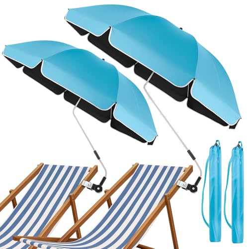 2 PACK Beach Chair Umbrella With Universal Clamp, UPF 50+ Protection Sun Shade, 360°Adjustable Umbrellas Clip On Chair For Outdoor Camping Chair, Wheelchair, Patio Chairs, Golf Carts, Balcony