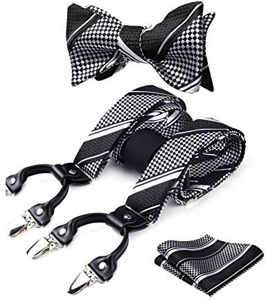HISDERN Schwarz-Weiss Hosenträger Herren und Fliege Set für Herren Einstecktuch Y Style hosenträger Dot Plaid mit 6 Starken Clips Einstellbar für Anzug