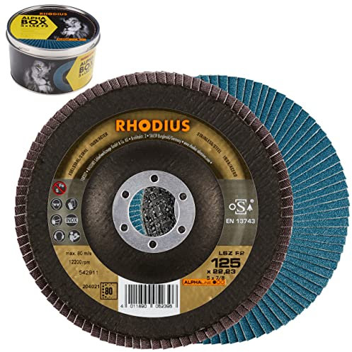 RHODIUS LSZ F2 | 5 Stück Ø 125mm Korn 80 Fächerscheiben | Made in Germany | Metall Schleifscheibe für Winkelschleifer | Lamellenscheibe | Fächerschleifer