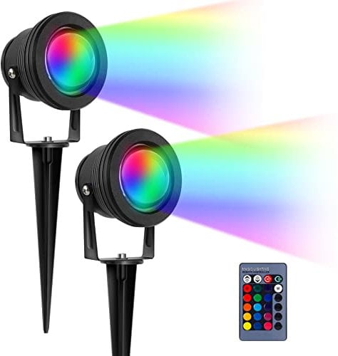 kefflum 10W RGB Gartenbeleuchtung Scheinwerfer LED Strahler Gartenlampe mit Erdspieß IP65 Wasserdicht Gartenstrahler für Außen Spotbeleuchtung Bodenleuchte Teichstrahler (2er Pack)