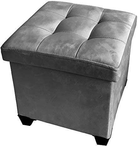 HomeHarmony® Velvet Folding Storage Ottoman Bench Cube Footrest with Legs/Feet Quick and easy to Assemble (Silver, Medium)