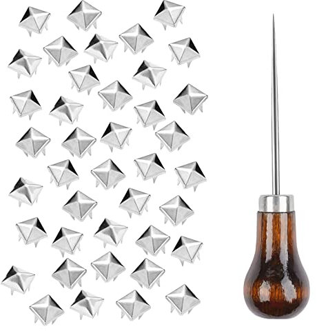 500 Pieces 10mm Four-Jaw Square Rivets for Handicraft DIY Punk Spike Clothing Bag Leather Shoes, Metal Pyramid Studs Accessories with Straight Tipped Scratch Awl (Silver)