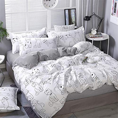 Meiju Bedding Set 3 Pieces, Nordic Print Quilt Duvet Covers and 2 Pillowcases Single Double Super King Size Bed Microfiber Polyester Breathable Zipper Easy Care (Cute Cat,200x200cm)