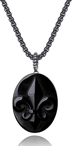 COAI Geschenkideen Unisex Glückskette mit Oval Anhänger aus Obsidian Fleur De Lis Anhänger Amulett Halskette 60cm