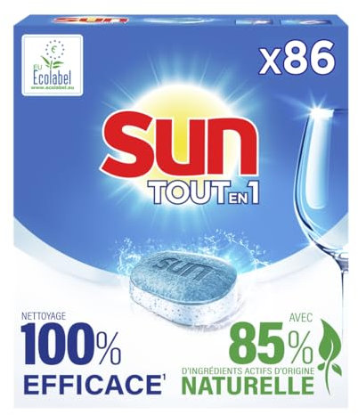 SUN - Pastilles Lave-Vaisselle Tout-en-1 - 86 Capsules - Regular - 85% d'ingrédients d'origine naturelle - Ecolabel - Made In France