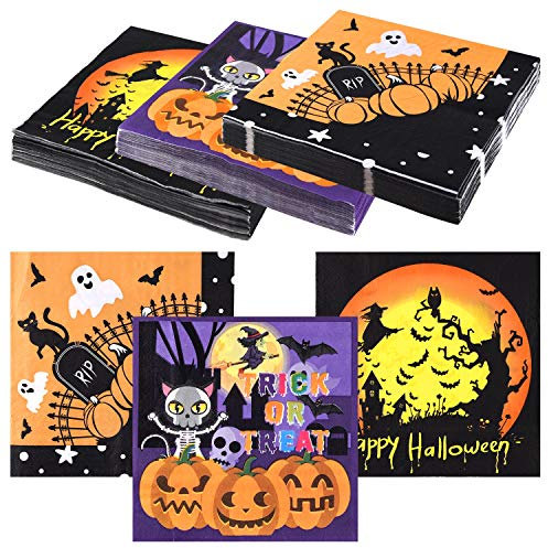 ASTARON 60 Stück Halloween Servietten 13 × 13, Einwegpapier Cocktail Servietten für Halloween Party Supplies, 3 Designs Halloween Themed Servietten