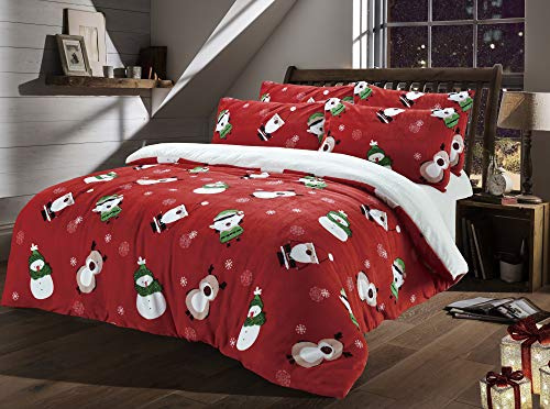 Olivia Rocco Teddy Fleece Duvet Cover Set Printed Super Soft Quilt Sets Check Stars Stag Design Warm Winter Bedding With Sherpa Reverse, Double Christmas Friends