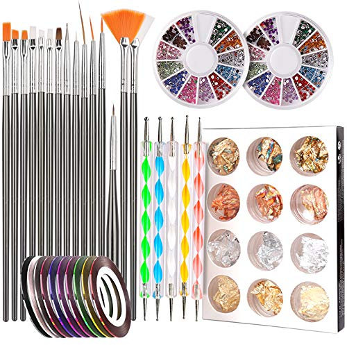 Nail Art Brushes Set with Nail Foil, Teenitor Nail Starter Kit with Nail Gems, Nail Striping Tape for Acrylic Nail Decorations, Nail Pen Designer Tool for Gel Nails Accessories Decoration, Black