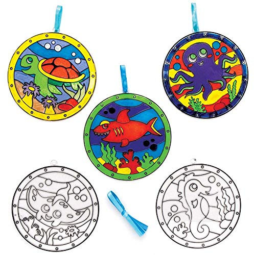Baker Ross FE241 Sealife Suncatcher Craft - Pack of 6, Stained Glass Effect for Kids to Decorate and Display for Arts and Craft Activities