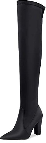 NobleOnly Donna Stivali Sopra il Ginocchio Cerniera Tacco a Blocco 10CM High Heels Boots Nero Raso Scarpe EU 41