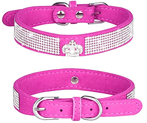 haoyueer Hundehalsband mit Strasssteinen, glitzernd, weiches Veloursleder, für Hunde und Katzen, Strass-Halsband für Hunde, Welpen, Größe M, Hot Pink-4