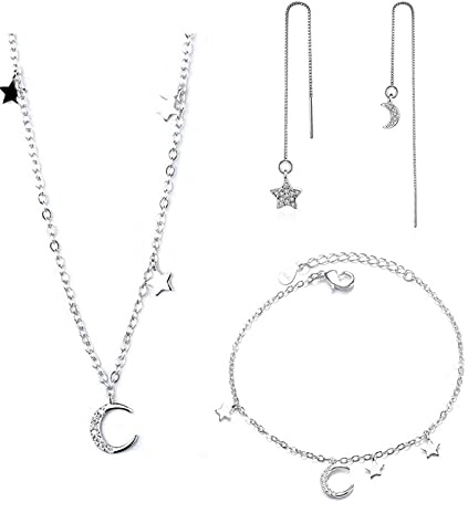 HCMA 925 Sterling Silber Charm Sommer Micro Zirkon Mond Stern Kurze Halskette Armband Ohrringe Schmuck Sets Für Frauen Mädchen