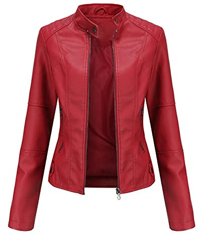 Giacca biker donna, taglia 20/18/16, donna PU pelle slim fit giacca, sottile biker giacca, breve cappotto per autunno primavera (colore: rosso, taglia: XL)