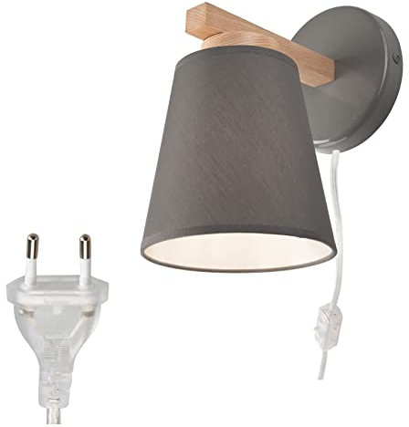 Wandleuchte mit Schalter Stoff Holz Grau E27 Skandinavisch Schlafzimmer Wohnzimmer Wandlampe