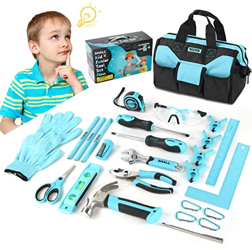 SHALL 26-Piece Kids Size Tool Set, Real Tools Kit for Kids with 12 Tool Bag, Safety Certified Children Learning Tool Set with Hand Tools for Boys & Girls Age 6+, DIY Building, Woodwork & Construction