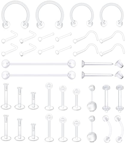 Mayhoop 38pcs Clear Piercing Retainers For Surgery Bioflex Nose Rings Belly Rings Septum Eyebrow Lip Cartilage Tragus Earring Retainer Industrial Bar Plastic Piercing Jewelry For Work