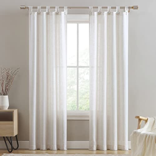 Beatrice Home Fashions Monroe Light Filtering Curtains with Button Tab Top, Poly Linen Blend Fabric, Each Panel Measures 34 W x 84 L, Natural, 2 Panels