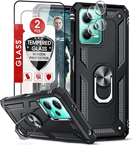 LeYi Hülle für Xiaomi Redmi Note 12 5G/Poco X5 5G Ständer Handyhülle mit 2 Schutzglas & 2 Kamera Folie,Militär Standard Stoßfest Case Metall Ring Fallschutz Handy Hüllen Outdoor Schutzhülle Schwarz