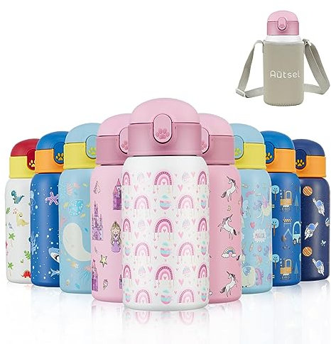 Autsel 500ml Gourde Isotherme Enfant avec Paille Bouteille Isotherme Étanche avec Sac Transport Arc en Ciel Gourde Bouteille d'eau en Acier Inoxydable sans BPA pour École Sport Maternelle