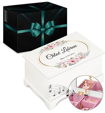 Maverton Boîte à Bijoux Musicale personnalisée avec ballerine - 17x11x9 boite a bijoux avec impression pour petite fille - pour premier anniversaire - Cadeau Fille 8 Ans - deco - Bouquet