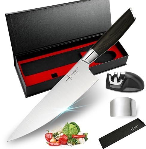 hajegato Chef Knife, Ultra Sharp Kitchen Knife 8 Premier High Carbon German EN1.4116 Stainless Steel, Chopping Cooking Knife with Knife Sharpener Finger & Blade Guard Gift Box-Part of Chef Knife Set