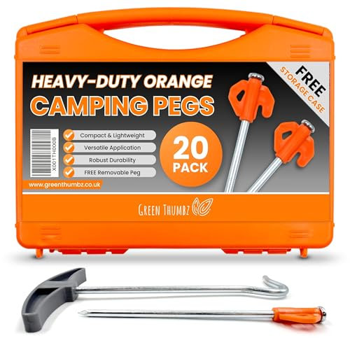 Green Thumbz Heavy Duty Tent Pegs - 20 Pack Orange Hooked Nail Point Hard Ground Tent Pegs, Camping Pegs and Awning Pegs - Galvanized Alloy Steel with Storage Case and Peg Remover