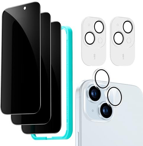 ESR iPhone 15 Display Sichtschutz Set, Anti Spy Displayschutz aus gehärtetem Glas, mikrogekrümmte Kanten, hüllenfreundlich, 3 Stück mit 2 Sätzen individuellem Kamera Schutz