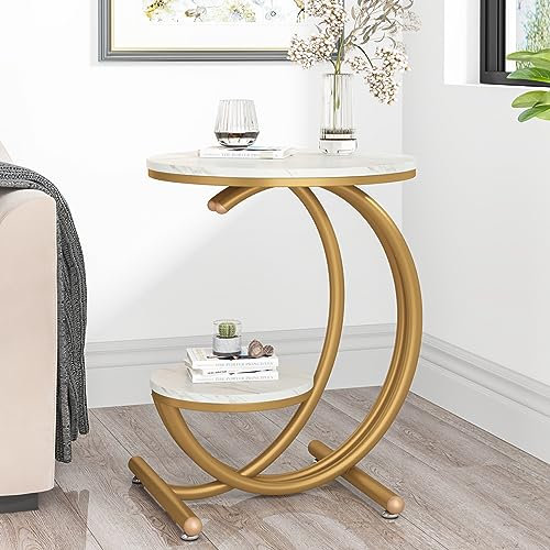 Tribesigns Table d'appoint Ronde Moderne à 2 Niveaux avec Cadre en Forme de C, Petite Table d'appoint Basse pour Salon, Chambre à Coucher, Petits espaces, Blanc/doré (1)