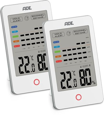 ADE Igrometro digitale con allarme muffa | Termometro con visualizzazione precisa della temperatura | Umidità con cronologia di 12 ore | Ampio display LCD | con batteria | Bianco | Confezione doppia