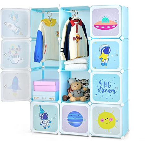 COSTWAY 8/12 Cube Children Clothes Closet, Cartoon Modular Wardrobe with Hanging Sections, Kids Storage Unit for Children Room, Nursery, Bedroom