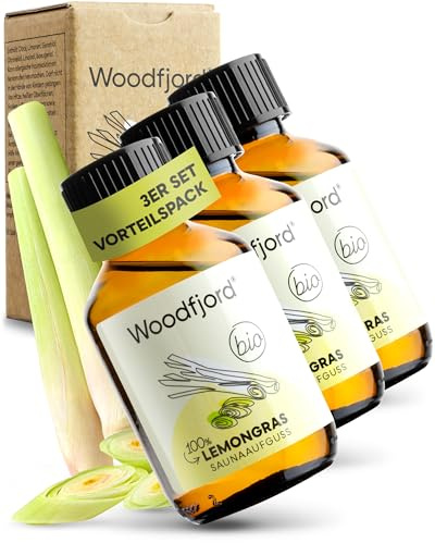 WOODFJORD Saunaaufguss Lemongras BIO 3 x 100 ml I Premium Sauna Aufgussmittel für authentische und nachhaltige Saunaerlebnisse I Saunaöl und Saunaduft I Stimulierend und erfrischend