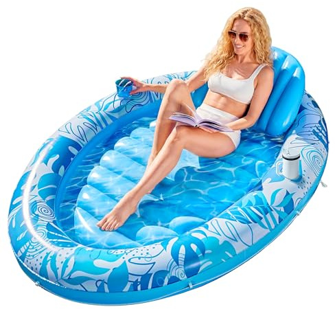 SLOOSH Inflatable Tanning Pool Lounger Float, 70 x 46 Blue-Pool Floats Adult with Pillow, 4 in 1 Suntan Tub Raft Floatie,Sunbathing Bed Lounge for Water Blow Up Ball Pit Party Gifts