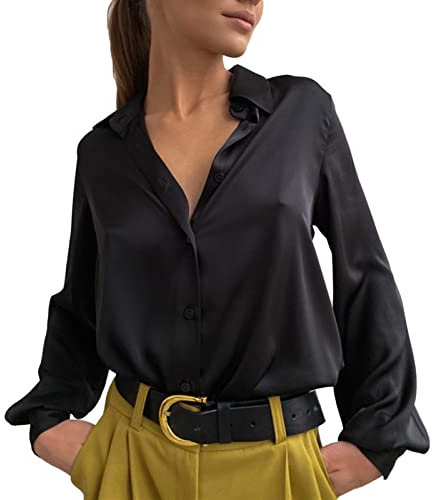 Generisch Chemisier Vert Bouteille élégant à Manches Longues pour Femme avec Satin Brillant Chemise Saumon Chemisier Femme, Noir, M, Noir, M