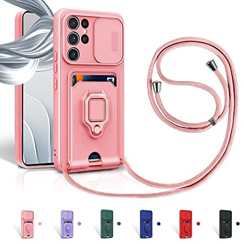 Aithne Case für Samsung Galaxy S24 Ultra Handykette Hüll,Slide kameraschutz,Silikon Handyhülle zum Umhängen Kette,360 Grad Ringhalter Stand Kartenfach-Pink