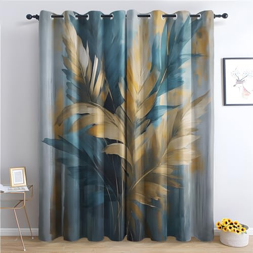 zcwl Rideau Occultant Feuille, Or Gris Bleu Motif Rideaux Thermiques à Oeillets, Rideaux Imprimé pour Salon Chambre Fenetre Moderne Décoration, 140x260 cm (L x H), Lot de 2