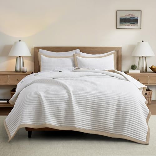 Bonlino White Quilt Set Queen Size - Farmhouse Soft Striped Stitch Bedding Bedspread Coverlet Summer Lightweight Quilt Bed Sets with 2 Pillow Shams for Home All Season with Linen Border