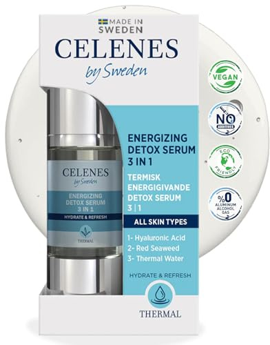 Celenes by Sweden Thermal Energizing Detox Serum 3-in-1 - Hyaluronsäure, Rotes Algen & Natürliches Thermalwasser für Hydratation und Schutz - Geeignet für Empfindliche Haut - 30ml