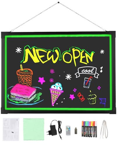 LED Leuchtende Werbetafel 60cm x 80cm LED Schreibtafel mit 8 Neon Stifte und Fernbedienung, 18 Lichteffekten DIY-Design Leuchttafel für Café, Bar, Restaurant, Hochzeit