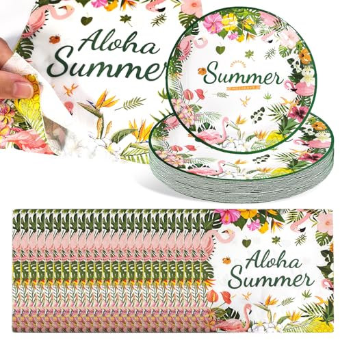 48 Pièces Fournitures de fête Aloha Assiette Jetable Rose Flamant Rose Vaisselle Jetable Assiettes et Serviettes en Papier Flament pour Deco Plage Pool Party Decoration Anniversaire Tropical
