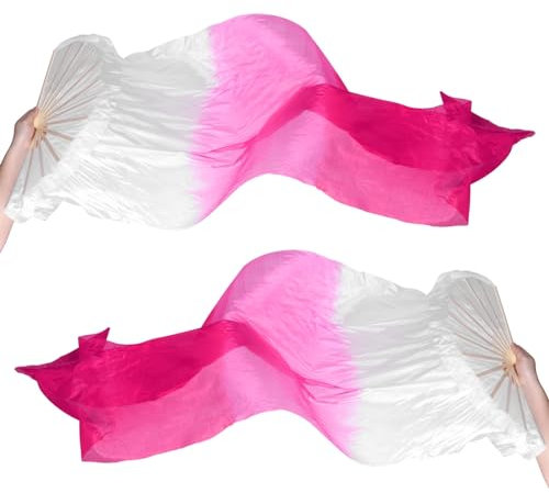 PATIKIL Belly Dance Silk Fan Veil 59, 1 Pair (Left+Right) Women Long Folding Dance Fan Wood Fan for Dance Performance, White Gradient Pink