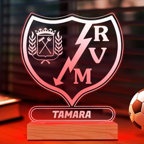Transparent Gift Lámpara Personalizada Equipos Fútbol. Regalos Originales Cumpleaños Infantiles. Regalos para Hombres, Día del Padre. Diseño Escudo Rayo Vallecano de Metacrilato y Madera. Luz LED