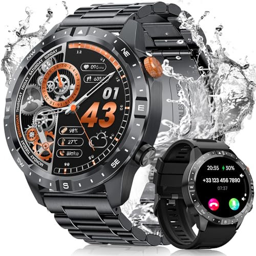 BANLVS Reloj Inteligente Hombre, 1.43 AMOLED Smartwatch con Llamadas, Pulsómetro SpO2 Monitor Sueño, Podómetro, 450mAh IP68 Pulsera Actividad 70+ Modos Deportivos Android iOS Negro Metálico