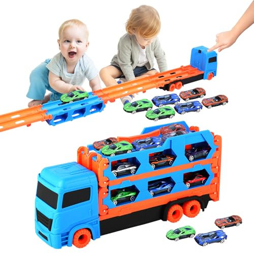 Euakee Jouets de Camion Porteur pour Tout-Petit, Jouets de Voiture de Camion de Transport Moulés sous Pression, Piste de Course Longue, Cadeau de Jouet de Camion pour 3 4 5 6 Ans (Bleu)